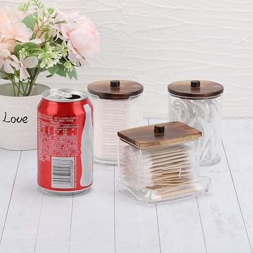 Tbestmax Bathroom Organizer Accessories Set-10 OZ,7 OZ Qtips Holder Storage with Wood Lids, Cotton Ball/Swabs Dispenser, Apothecary Container Jar 3 Pcs thumbnail 7