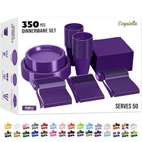 350 Pcs Purple Plastic Plates For Party, Purple Disposable Plates Set, 50 Of Each 9" Dinner Plate Set, 7" Dessert Plate, Cups, Napkins & Cutlery Plastic Dinnerware Set Exquisite - Image 1