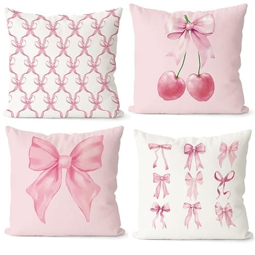 Lebsitey 4Pcs 18×18 Cherry Pillow Covers, Pink Bow Pillow Covers, Girls Room Decorative Pink Pillow Cover for Home Bedroom Living Room Decor Valentine's Day Gift - Image 1
