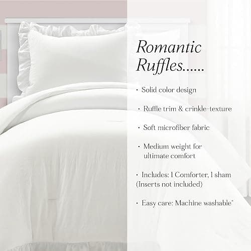 Lush Decor Reyna Ruffle Comforter Set - 2 Piece Twin Size Ruffle Comforter Set - Elegance for Dorm Room - Twin XL, Pure White thumbnail 9