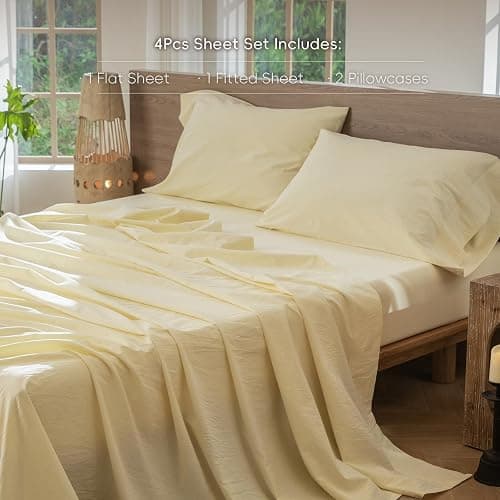 MooMee Bedding Sheet Set 100% Washed Cotton Linen Like Textured Breathable Durable Soft Comfy (Heathered Butter Yellow, Full) thumbnail 2