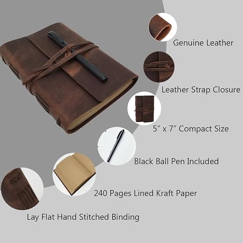 Leather Journal Writing Notebook - Genuine Leather Bound Daily Notepad for Men & Women Lined Paper 240 Kraft Pages, Handmade, Rustic Brown, 5 x 7 in thumbnail 5