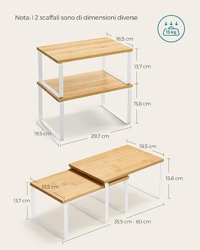 SONGMICS Scaffale Portaspezie, Set di 2 Organizzatori da Cucina Espandibili, Scaffale da Cucina Impilabile, Metallo e Legno Ingegnerizzato, Bianco Nuvola e Beige Naturale KCS02NW thumbnail 3
