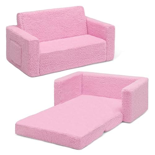 Delta Children Cozee Flip-Out Sherpa 2-in-1 Convertible Sofa to Lounger for Kids, Pink - Image 1