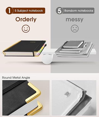 Hardcover Spiral Notebook journal with Removable Dividers Tabs, 300 Pages Leather 5 Subject Notebook College Ruled, 8"x10" Large B5 Notebooks for Work School Note taking, Lined Journal for Women,Black thumbnail 4