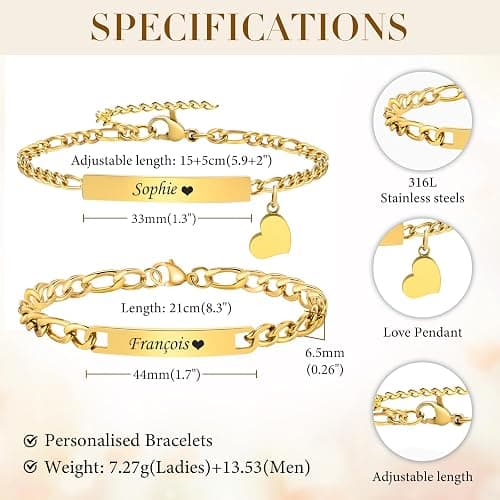 Personalized Matching Bracelet for Couple - Free Engraving Custom Couples Bracelets,Hypoallergenic Adjustable Stainless Steel Long Distance Relationship Jewelry,Promise Bracelet Gifts for Him and Her thumbnail 3