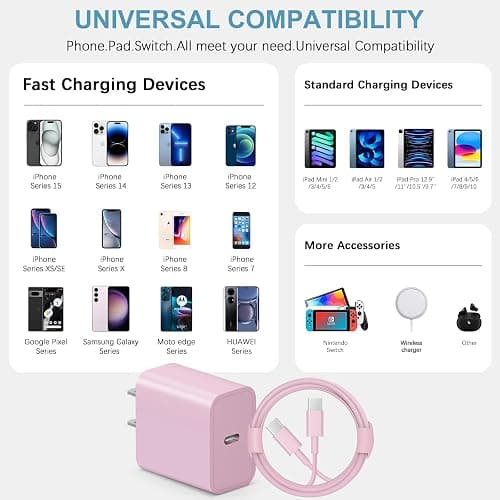 iPhone 17 16 15 Charger Fast Charging Type C Chargers USB C Charger Block iPhone Air Chargers with 2 Pack 6FT Cable for iPhone 17/17 Plus/17 Pro Max/16/16 Plus/16 Pro Max/15 Pro Max/iPad Pro(Pink) thumbnail 4