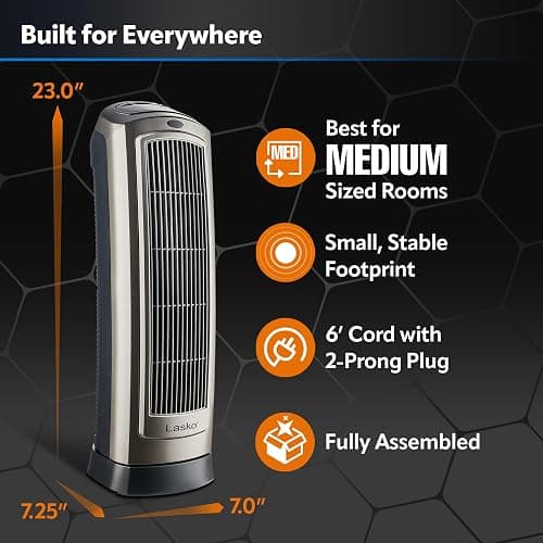 Lasko Oscillating Digital Ceramic Tower Heater for Home with Adjustable Thermostat, Timer and Remote Control, 23 Inches, 1500W, Silver, 755320, 8.5″L x 7.25″W x 23″H, Silver thumbnail 2