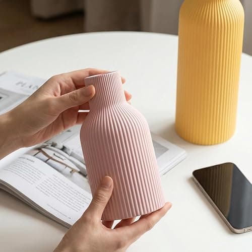 TrendEcoHome Colorful Ceramic Vases Set of 3, Matte Round Vertical Ribbed,Minimalist for Pampas Dried & Fresh Flowers, Centerpiece for Living Room, Shelf, Entryway, Wedding (Pink, Blue, Yellow) thumbnail 6