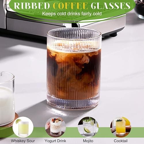 LUNA & MANTHA Drinking Water Glasses Set, Lead-Free Crystal Highball Glass, Tall Glass Cups for Cocktail Parties,ribbed set of 8,17oz&12oz thumbnail 4