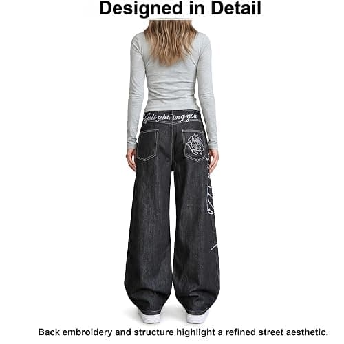 bestshark Baggy Women’s Wide Leg Jeans High Waisted Baggy Denim Pants Loose Fit Y2K Graphic Jeans Black thumbnail 3