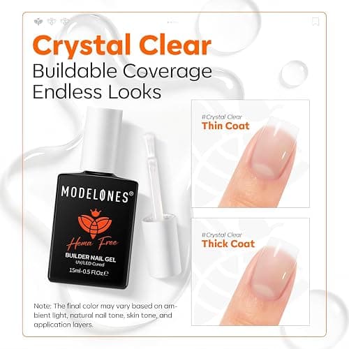 modelones Builder Nail Gel HEMA-Free Clear, Gentle Formula Self Leveling | 7-in-1 Crystal Clear Self-Leveling Strengthener for Natural Apex, Nail Extension, Non-Yellowing, Beginner Friendly U/V Cured thumbnail 7