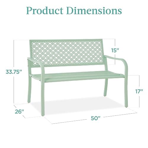 Best Choice Products Outdoor Bench 2-Person Metal Steel Benches Furniture for Garden, Patio, Porch, Entryway w/Geometric Backrest, 790lb Capacity - Mint Green thumbnail 2