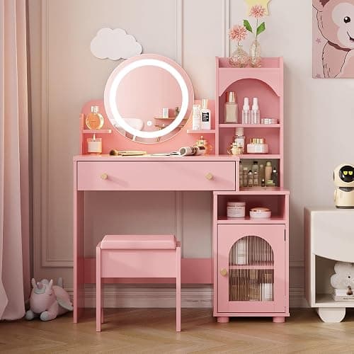 Vabches Kids Vanity Table and Chair Set, Toddler Dressing Table for 5-12 Year Old Little Girls, 2 in 1 Princess Makeup Vanity with Mirror & Lights, Wooden Pretend Play Vanity Desk, Pink thumbnail 6