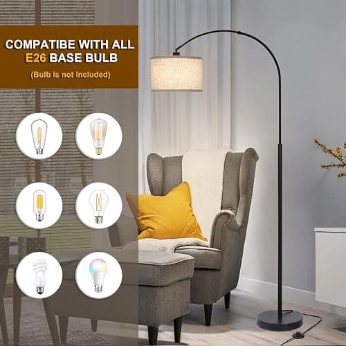 Arc Floor Lamps for Living Room, Modern Standing Lamp with Adjustable Hanging Drum Shade, Tall Pole Lamp with Foot Switch, Over Couch Arched Reading Light for Bedroom, Office (Black) thumbnail 4