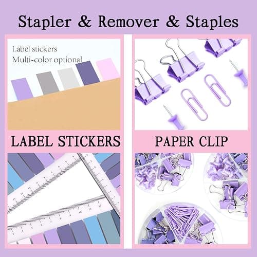 Purple Office Supplies Set, UPIHO Stapler and Tape Dispenser Set, Office Desk Accessories Kit with Stapler, Tape, Remover, Staples, Clips, Scissor and Tabs for Women, Clerks… thumbnail 6