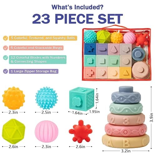 Jyusmile Baby Toys 6-12 Months, Montessori Toy for Babies 6-12 Months, Incl Stacking Building Blocks & Soft Infant Teething Toys & Sensory Balls for Toddlers 0-3-6-9-12 Month thumbnail 2