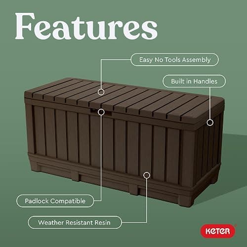 Keter Kentwood 92 Gallon Resin Deck Box-Organization and Storage for Patio Furniture Outdoor Cushions, Throw Pillows, Garden Tools and Pool Floats, Brown thumbnail 3