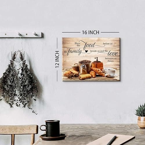 Christian Wall Art Kitchen Wall Decor Bless The Food Quote Dining Room Pictures Rustic Coffee Art Wall Decor Farmhouse Canvas Prints Painting Family Artwork for Restaurant Home Decoration 12x16" thumbnail 3