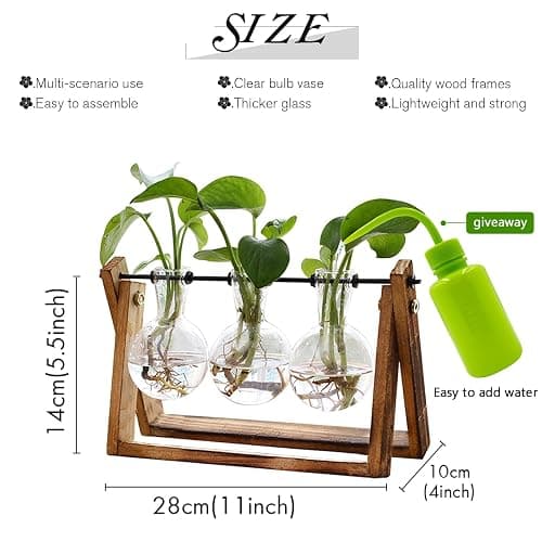 XXXFLOWER Plant Terrarium with Wooden Stand, Air Planter Bulb Glass Vase Metal Swivel Holder Retro Tabletop for Hydroponics Home Garden Office Decoration - 3 Bulb Vase thumbnail 2