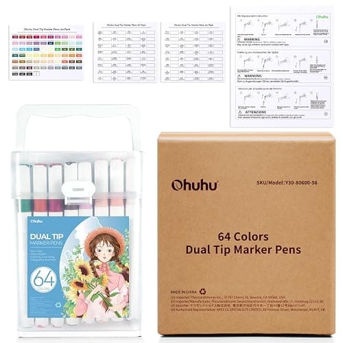 Ohuhu Marker Pens Water-Based, 64 Colours Dual Tip Art Markers Brush Pens for Adults Colouring Pens for Anime Manga Design, Calligraphy, Drawing, and Illustration, Odourless and Washable - 64 thumbnail 13