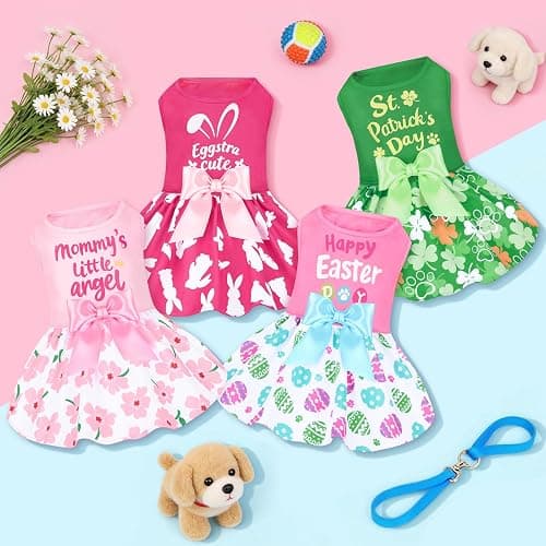 XPUDAC 4 Pack Mother's Day Dog Dress with Bowknot Cute Dog Clothes Puppy Skirt Bunny Egg Mommy Floral Holiday Pet Outfit for Girls, L thumbnail 2