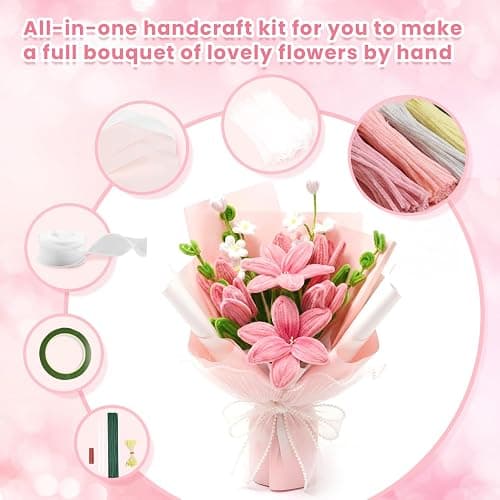 600 PCS Pipe Cleaners Craft, 6 Colors Pipe Cleaner Bulk Flower Kit, Chenille Stems Bulk with Floral Wires, Gardening Tape, Stamen, Wrapping Paper & Ribbon, DIY Art and Craft Supplies - Pink Gradient thumbnail 5