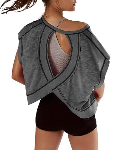 Kumufenc Women Short Sleeve Workout Shirts Open Back Tops Casual Yoga Y2k Athletic Gym Slouchy Crop Running Tees - Image 1