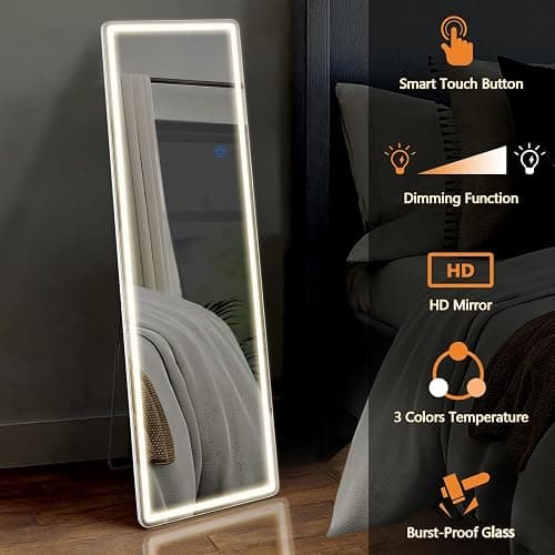 Sweetcrispy 64"x21" Full Length Standing Mirror with LED Lights, Lighted Floor Mirror with Stand, Aluminum Alloy Thin Frame, White thumbnail 6