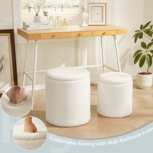 Royal Windsor Boucle Round Ottoman with Storage Set of 2,Small Foot Stool Ottoman for Living Room, Small Coffee Table,Vanity Stool with Storage for Bedroom, White thumbnail 5