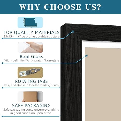 Hongkee 8x10 Picture Frame Set of 2, Made of Real Glass and Rustic Black Wooden Frame - Display Picture 5x7 with Mat or 8x10 Without Mat, 8 by 10 Photo for Wall or Tabletop thumbnail 5