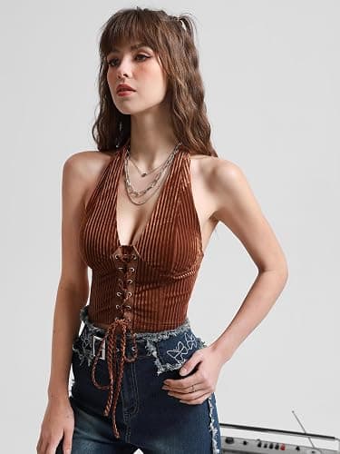 Verdusa Women's 2026 Going Out Halter Corset Top Lace Up Open Back Crop Tops Concert Cowgirl Outfits thumbnail 4