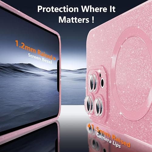 Micoden for iPhone 13 Pro Max Case for Women Girls,Cute Bling Sparkle Glitter Magnetic Compatible with MagSafe Shockproof Camera Protection Slim Soft Silicone Phone Case for iPhone 13 Pro Max, Pink thumbnail 2