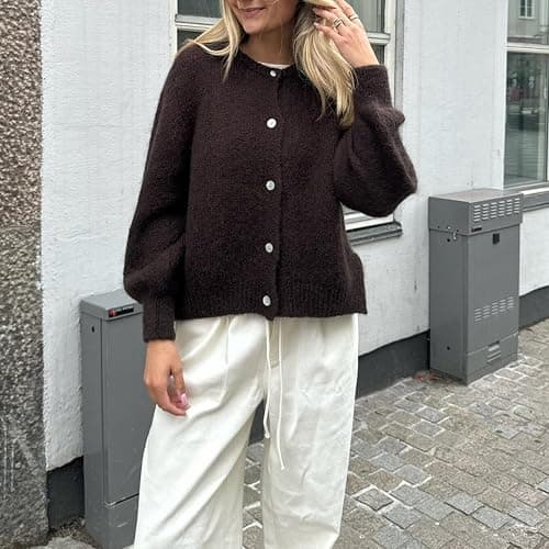 YILEEGOO Women's Solid Color Knit Cardigan Top V Neck Fuzzy Long Sleeve Button Down Sweaters thumbnail 5