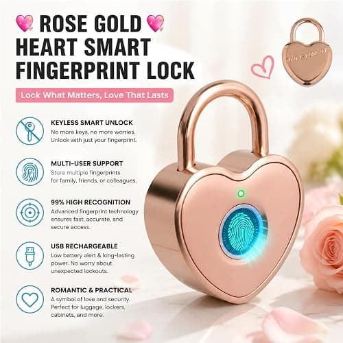 Tcyoatoa Fingerprint Padlock for Gym Locker, Heart Shaped, Rose Gold | Rechargeable Cute Smart Lock,10-Fingerprint Memory, Ideal Gift for Jewelry Boxes, Cosmetic Cases, Suitcases, Travel, School thumbnail 4
