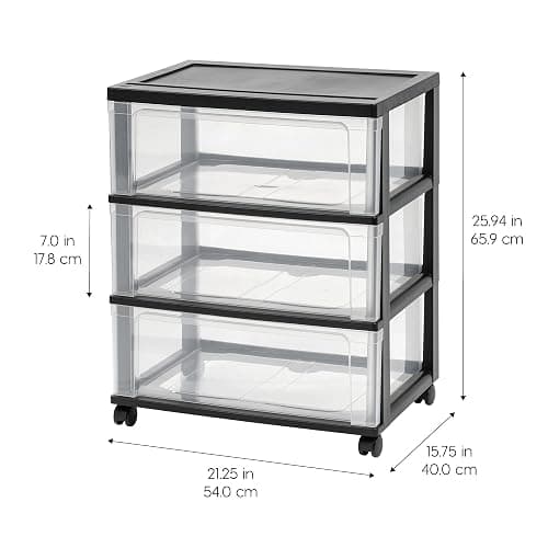 IRIS USA 3 Drawer Wide Storage Drawer Cart with Caster Wheels, Plastic Rolling Dresser for Home Closet Bedroom Bathroom Office Laundry Kitchen Craft Room Nursery and School Dorm, Black/Clear - Black - 3 Drawer thumbnail 3