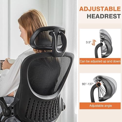 Sweetcrispy Office Computer Desk Chair, Ergonomic High-Back Mesh Rolling Work Chairs with Wheels and Adjustable Headrests, Comfortable Lumbar Support, Comfy Flip-up Arms for Home, Bedroom, Study,Black thumbnail 3