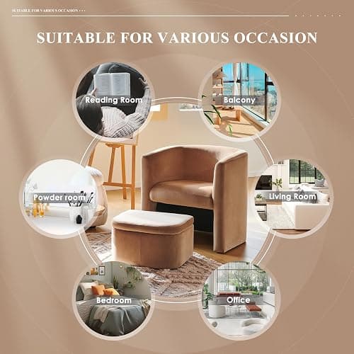 COLAMY Upholstered Velvet Barrel Accent Chair with Storage Ottoman, Morden Living Room Chair with Lounge Seat for Bedroom/Reading Spaces, Khaki - Khaki - Set of 1 thumbnail 7