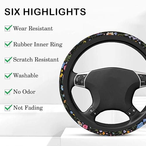 Wildflower Steering Wheel Cover for Women Men, Anti-Slip Breathable and Sweat Absorption Universal 14.5-15 Inch Cute Steering Wheel Protector, Wildflower Floral Car Accessories thumbnail 3