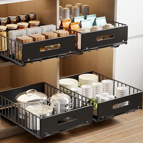 Mustorn 2 Pack Pull Out Cabinet Organizer, Slide Out Drawers for Cabinets, Peel and Stick, Heavy Duty Shelves for Kitchen, Cupboard, Pantry, Bathroom (16.5"D*11.8"W*3.94"H-Black) - Image 1