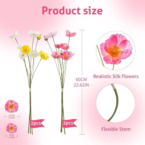 Wenhuidr 12PCS 36Heads Artificial Poppy Flowers with Stems, Silk Iceland Poppies Fake Flowers, Faux Poppy Bouquet for Wedding Table Arrangements Party Floral Display Home Decor (White+Yellow+Pink) thumbnail 2