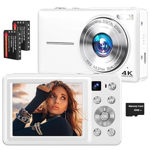 4K Digital Camera, 64MP Autofocus Vlogging Camera with Dual Lens, 16X Digital Zoom YouTube Compact Travel Point Shoot Camera for Teens Beginner, Anti-Shake,2 Batteries, 32GB Card (White) - Image 1