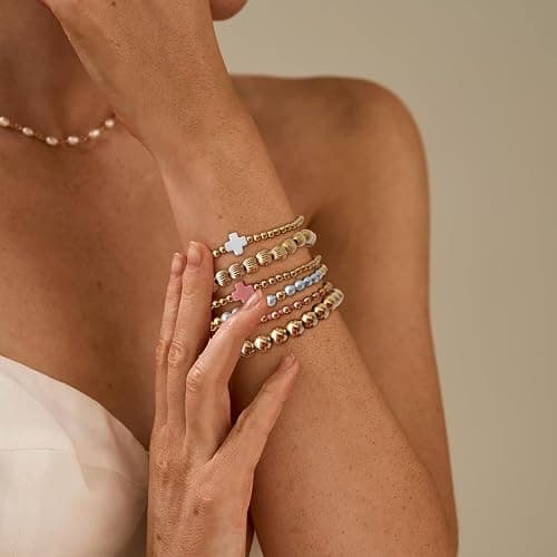 Long tiantian Gold Beaded Bracelet Stack for Women Pearl Cross Stretch Bracelets Non Tarnish Trendy Halloween Christmas Jewelry Gifts thumbnail 8