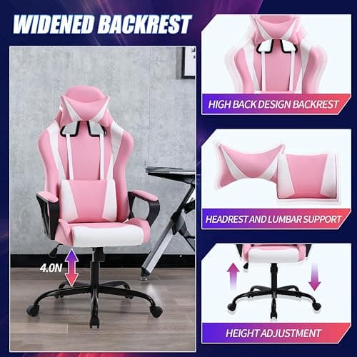 Pink Gaming Chair High-Back Office Chair Ergonomic Video Game Chairs Height Adjustable Reclining Computer Chair with Lumbar Support Armrest Headrest Swivel Chair Game Chair for Adult Teen - Pink thumbnail 4