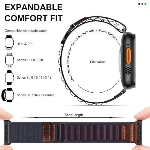 MRAIN-H Alpine Loop with Leather Design Compatible with Apple Watch Bands Ultra 3 2 1 (49mm) & Series 11 10 9 8 7 6 5 4 SE 3 2 1 (46mm 45mm 44mm), Soft Stretchy Nylon Sport Band for iWatch Men Women thumbnail 2