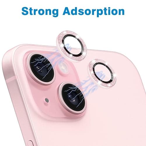 Hsefo Compatible with iPhone 15 & 15 Plus Camera Lens Protector, Bling Glitter 9H Tempered Glass Camera Cover Anti Scratch Shockproof Screen Protector Individual Metal Lens Ring - 2PCS Glitter Pink thumbnail 4