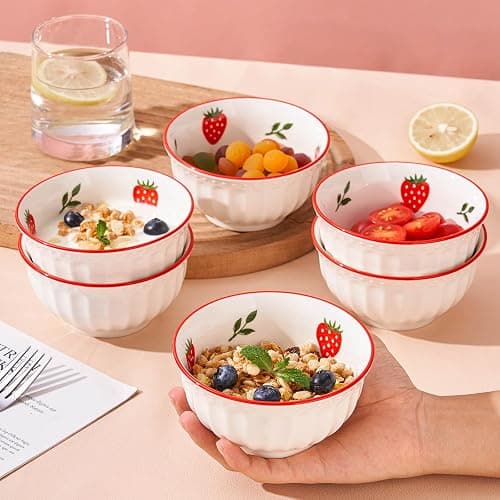 CHILDIKE 10 oz Small Bowls Set of 6, Dessert Bowls for Kids Ice Cream Cereal Soup Rice Fruit - Cute Strawberry Pattern thumbnail 4