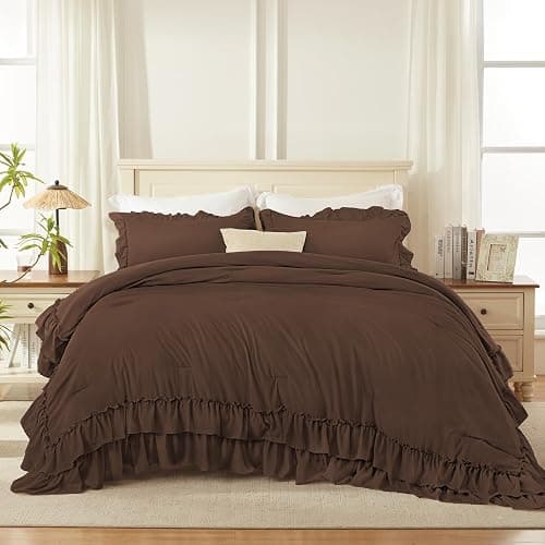 Andency Brown Ruffle Full Size Comforter Set, 3 Pieces | Vintage Farmhouse Shabby Chic, Soft Lightweight Fluffy Bed Comforter Sets, All Season Bedding Set thumbnail 5