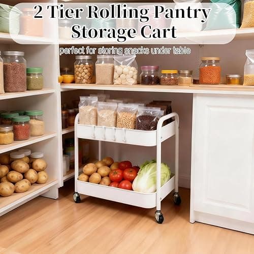 LIWNYRK 2 Tier Metal Rolling Cart with Wheels for Under Desk Storage & Pantry Storage, High Load-Bearing Kitchen Utility Cart for Small Space, Laundry Room Organization Side Table with 4 Hooks, White thumbnail 2