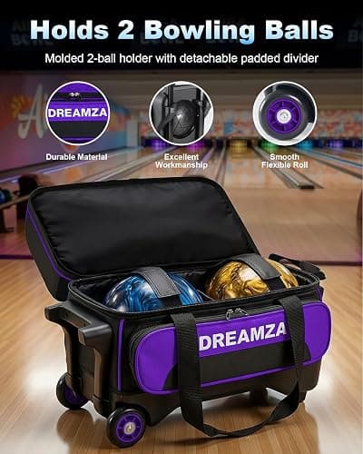 DREAMZA 2 Ball Bowling Bag with Wheels, Double Bowling Ball Bag 2 Ball Roller w/Separate Compartment for Shoes Up to US Mens Size 16, w/Retractable Handle Extends to 40" & Accessories Pocket thumbnail 3